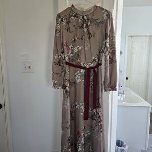 Floral Long Sleeve Dress with Burgundy Accents